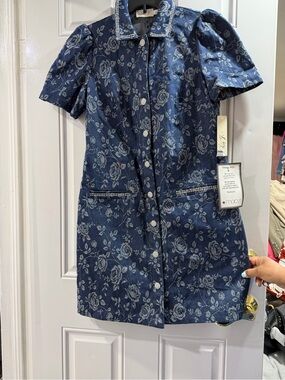 Eliza J Navy Floral Denim Dress with Pearl-Trim Collar